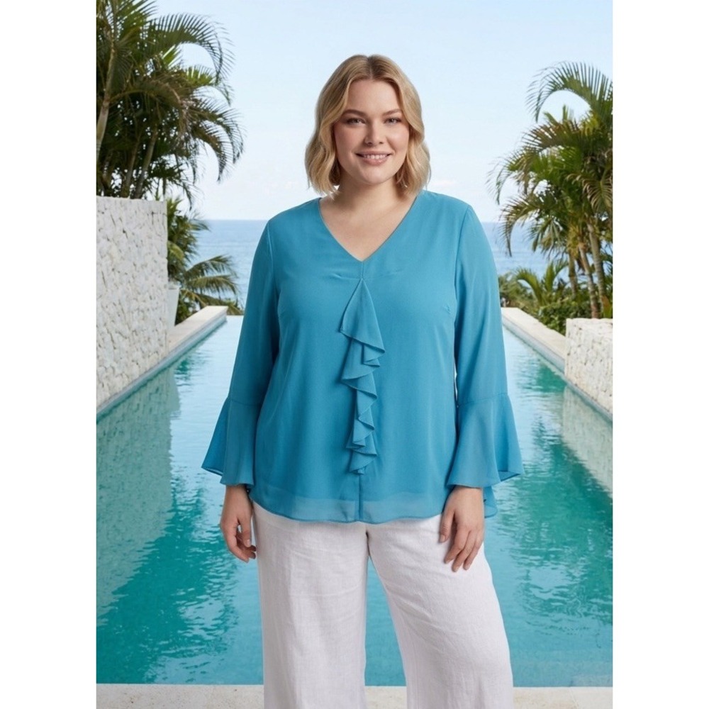 2X Ashley Stewart Top Blouse Ruffled Semi Sheer And Under Shirt Flowy Sleeve A11